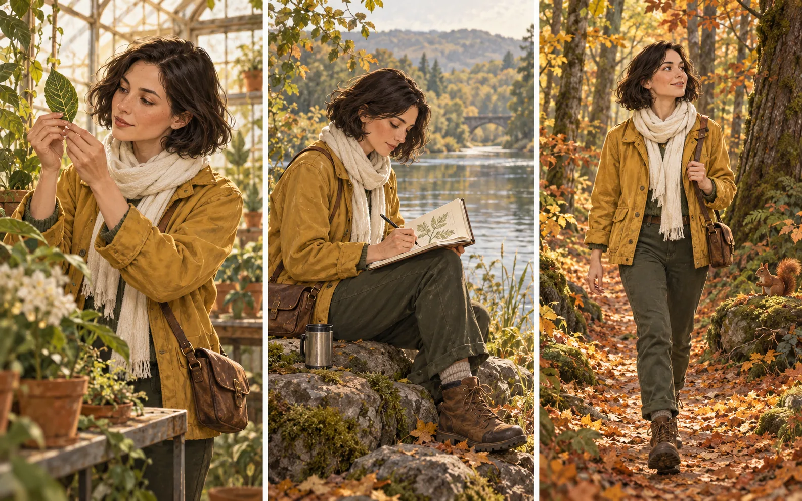 Three illustrated scenes with a naturalist in a mustard jacket