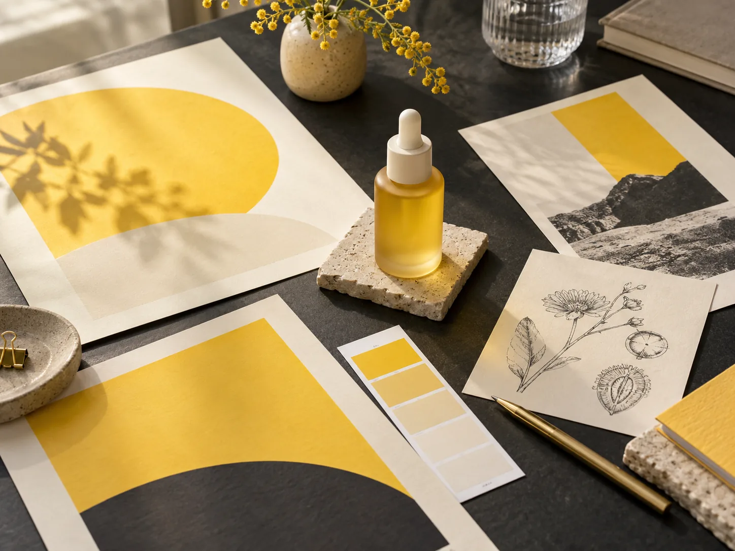 Design study with a skincare bottle, poster prints, color swatches and a botanical sketch