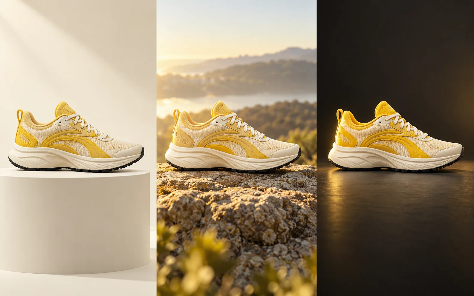 Illustrations of the same ivory-and-yellow running shoe in three settings