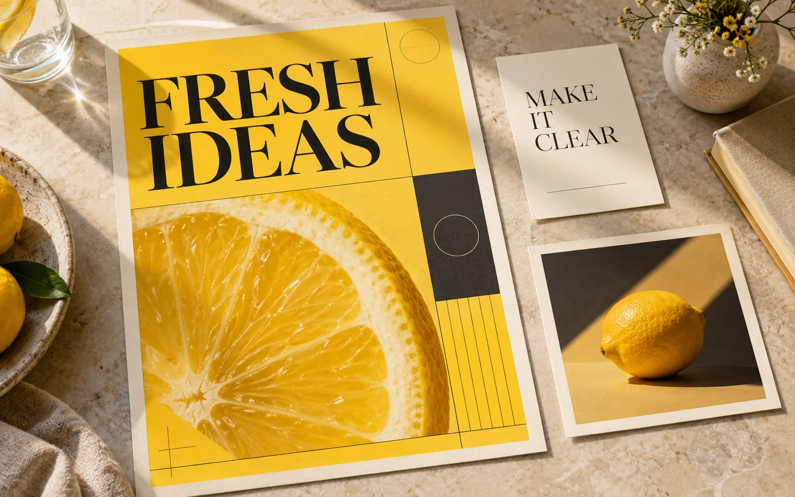 Yellow and ivory printed designs with bold headlines and citrus imagery