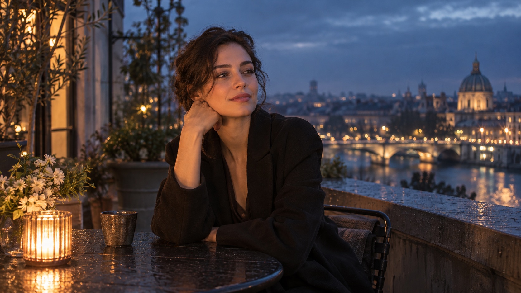 Illustrative character portrait on a city terrace at dusk