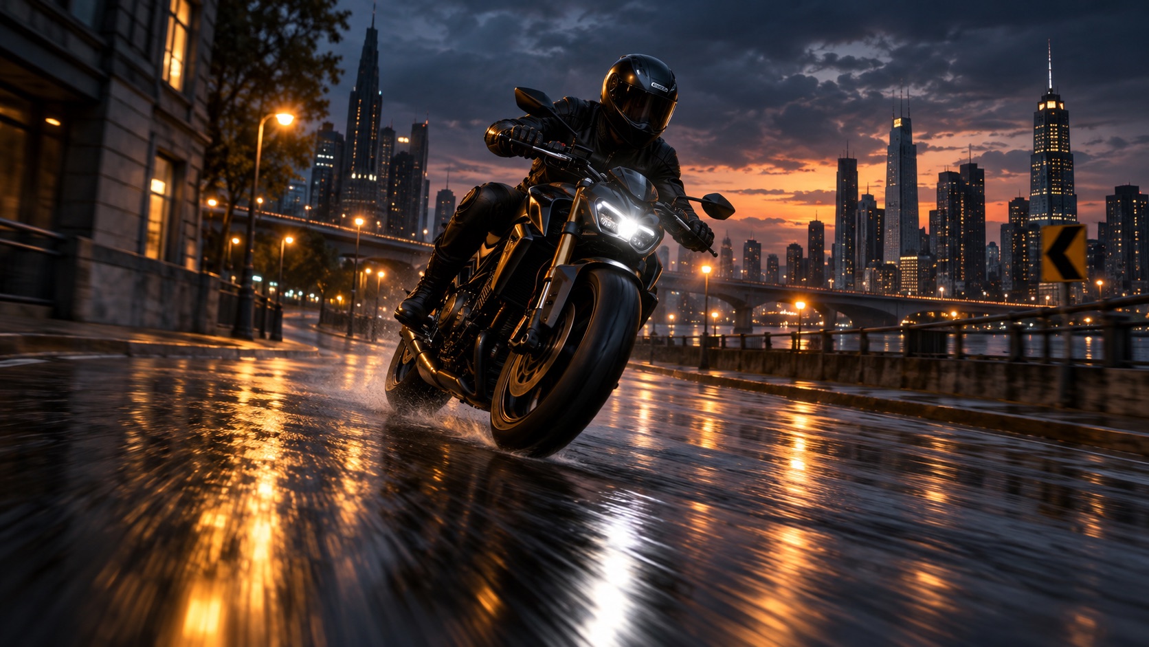Illustrative motorcycle scene on a rain-slick street at dusk